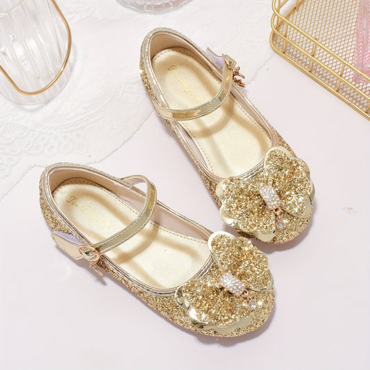 Trendy Elegant Shiny Bowknot Sequin Flat Shoes For Girls, Wear-resistant Anti-slip Dress Shoes For Performance Party, Spring Summer Autumn