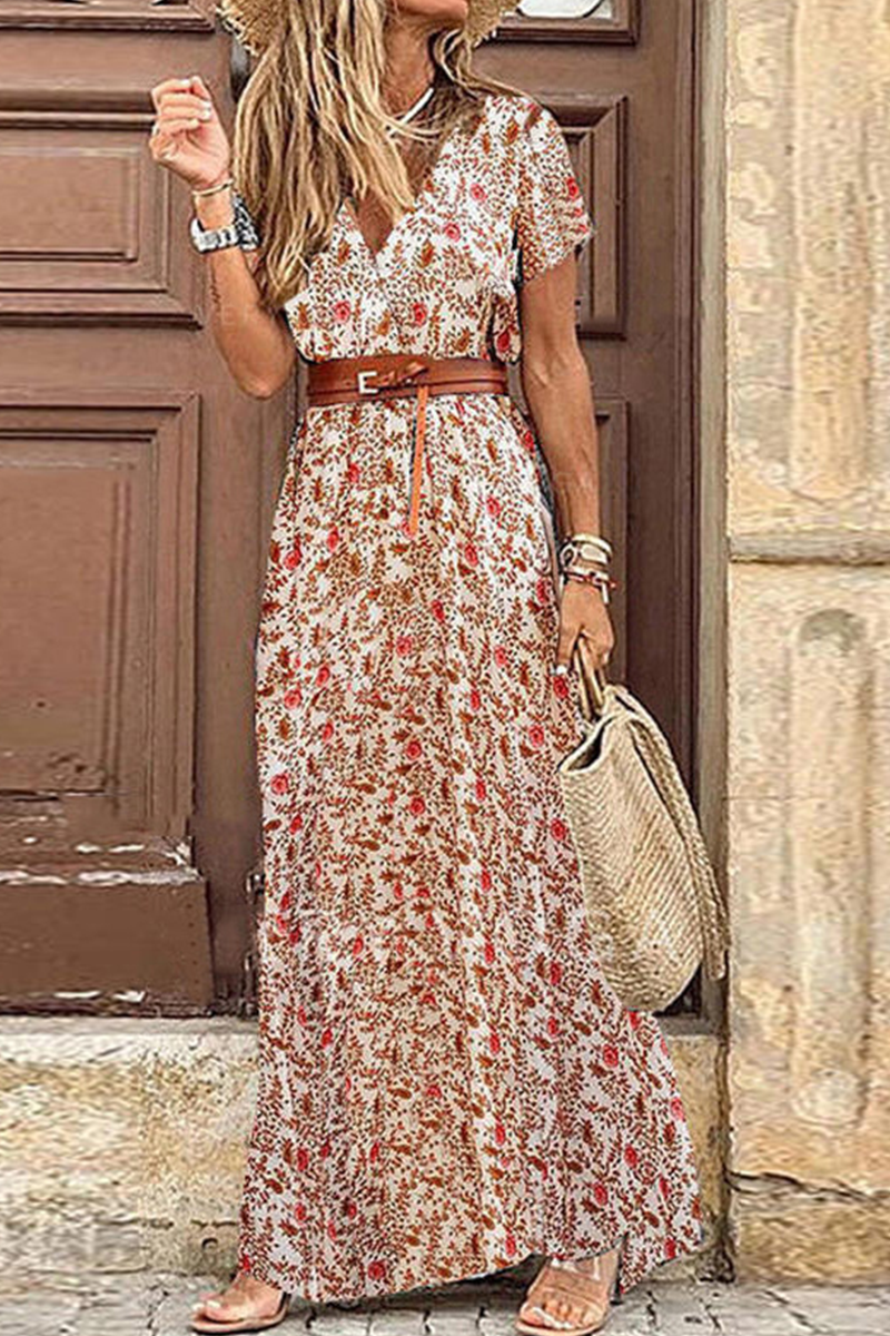 Fashion Elegant Print Slit Without Belt V Neck A Line Dresses(7 Colors)