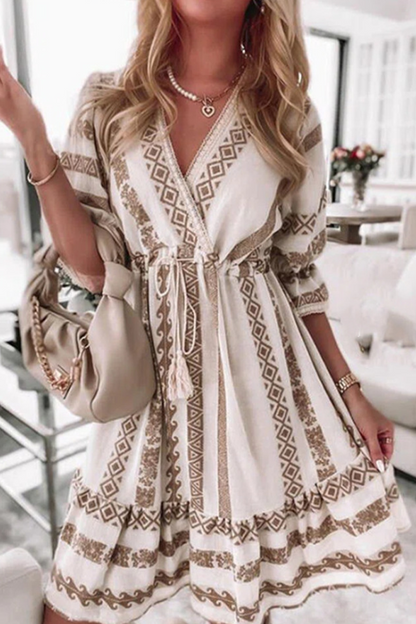 Casual Print Patchwork V Neck Waist Skirt Dresses