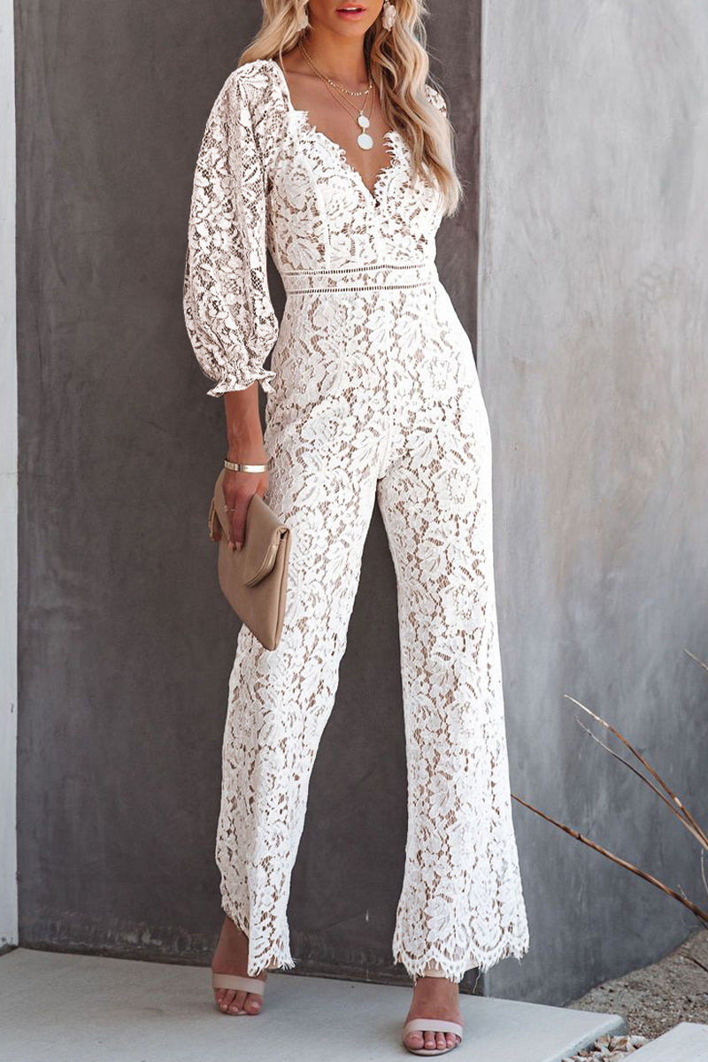 Embroidery Lace V Neck Regular Jumpsuits