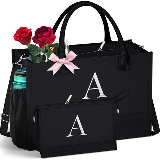 Stylish Black Canvas Tote Bag & Makeup Bag Set - Spacious Interior, Zipper Closure, Adjustable Strap, Personalized Gift Option for Women's Birthday, Anniversary, or Any Occasion