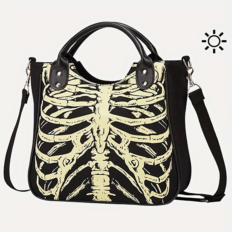 Large Capacity Rib Pattern Canvas Goth Grunge Skeleton Crossbody Bag - Durable, Trendy, and Portable with Double Handle - Perfect for Halloween and Everyday Use