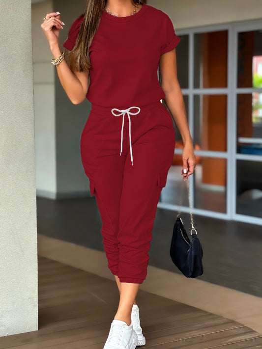 Two-Piece Chic Pantsuit Set - Women's Casual Solid Color Drawstring Jogger Pants Outfits with Short Sleeve T-shirt, Flap Pockets, and Comfortable Fit - Perfect for Daily Wear and Outdoor Activities