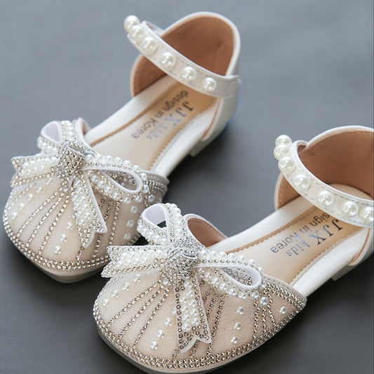 Trendy Cute Bowknot Rhinestone Pearl Flat Shoes For Girls, Breathable Lightweight Dress Shoes For Party Wedding, Spring And Autumn