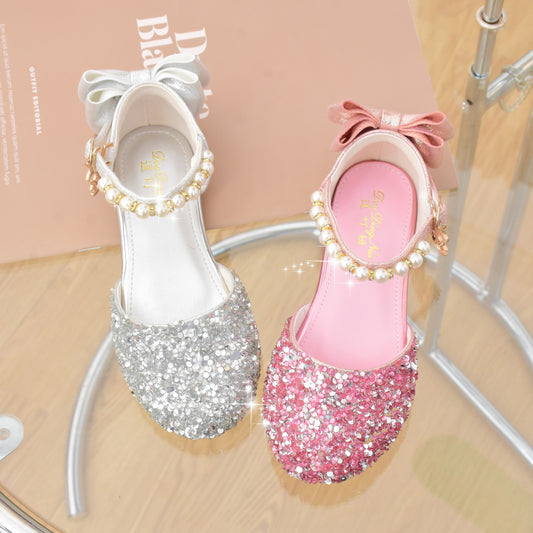 Trendy Elegant Bowknot Sequin Pearl Flat Shoes For Girls, Lightweight Breathable Non-slip Dress Shoes For Performance Party, All Seasons