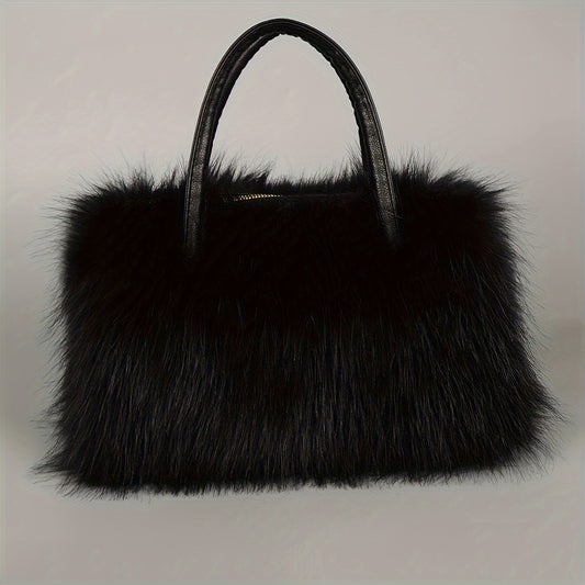 Luxurious Faux Fur Tote Bag for Women - Spacious, Soft, and Stylish Handbag with Zipper Closure, Fashionable Plush Clutch Design, Perfect for Shopping, Travel, and Daily Outings - Black, No Pattern