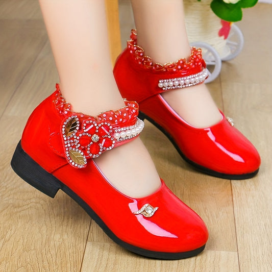 Trendy Cute Rhinestone Lace Decor Mary Jane Shoes For Girls, Breathable Lightweight Dress Shoes For Performance Party, All Seasons