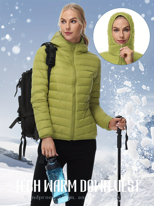 100% Polyamide Women's Windproof Solid Color Winter Sports Hooded Jacket - Zippered Woven Outdoor Coat