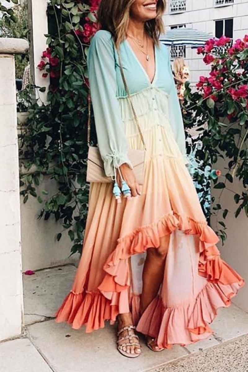 V Neck Long Sleeve Gradient Dress