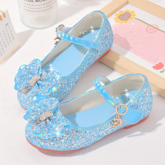 Trendy Elegant Sequin Bowknot Dress Shoes For Girls, Comfortable Lightweight Non Slip Soft Flat Sole Shoes For Performance Show Party, All Seasons