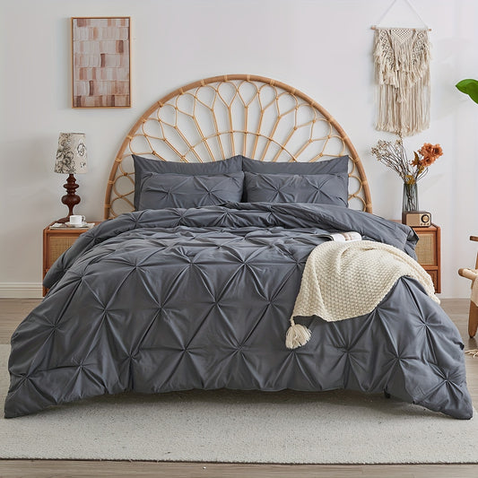 Queen Comforter Set - 7 Pieces Pintuck Bed In A Bag Queen Pleat Pinch - Comforters Queen Size - Comforter Set With Flat Sheet, Fitted Sheet And Pillowcases & Shams, Grey