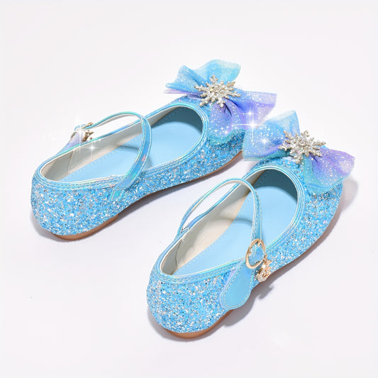 Trendy Elegant Bowknot Sequin Soft Flat Shoes For Girls, Lightweight Anti-slip Dress Shoes For Performance Party, Spring And Autumn