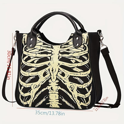 Large Capacity Rib Pattern Canvas Goth Grunge Skeleton Crossbody Bag - Durable, Trendy, and Portable with Double Handle - Perfect for Halloween and Everyday Use