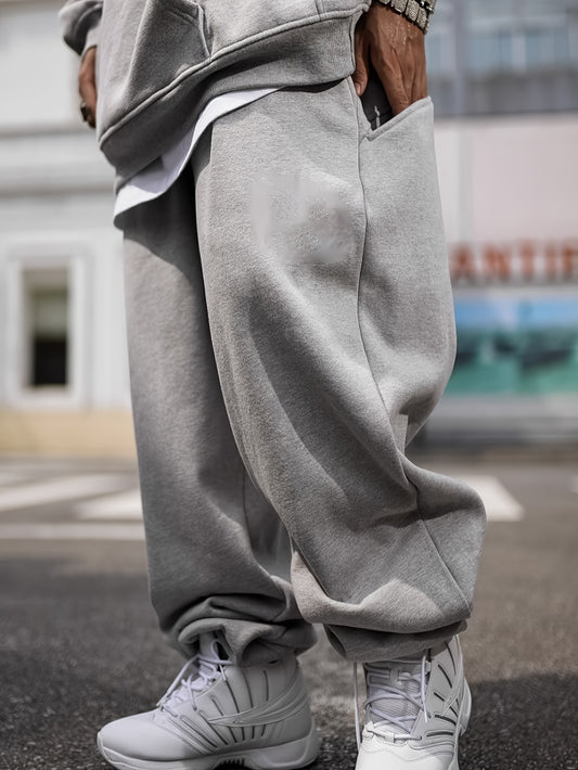 Men's Solid Baggy Joggers For Outdoor, Hip Hop Fashion Trousers, Streetwear