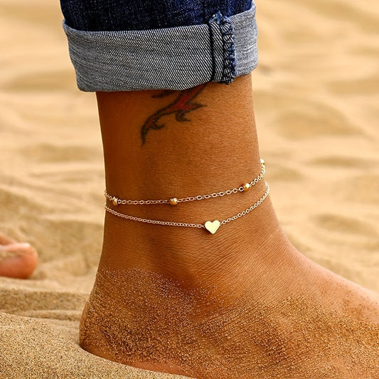 2 Pieces Mini Love Heart Thin Chain Anklet Set for Women - Simple Minimalist Ankle Bracelet Jewelry