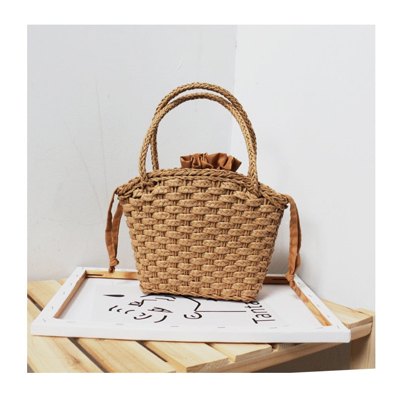 OAQQA New Women's Hand-made Straw Woven Bag Seaside Photo Beach Bag Handbag with Drawstring Bag Summer Girl's Gift Bag Shoulder Bag