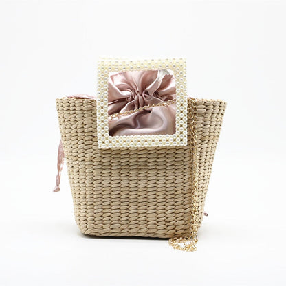 OAQQA Summer Pearl Hand-woven Straw Bag Bohemian Travel Turf Grass Woven Bag Portable Diagonal Dual-use Bag Bow Decoration Female Bag