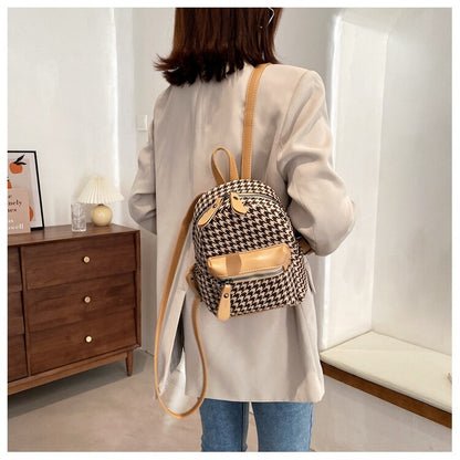 OAQQA Korea Fashion Women's Backpack Houndstooth Pattern Zipper Backpacks for Female Women PU Patchwork Backpack with Outer Pocket