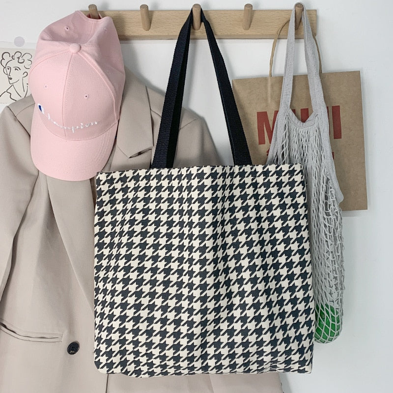 OAQQA Ins Shoulder Bag Female Vintage Houndstooth Print Canvas Underarm Bags Women Casual High Capacity Shopper Tote Bags Handbag