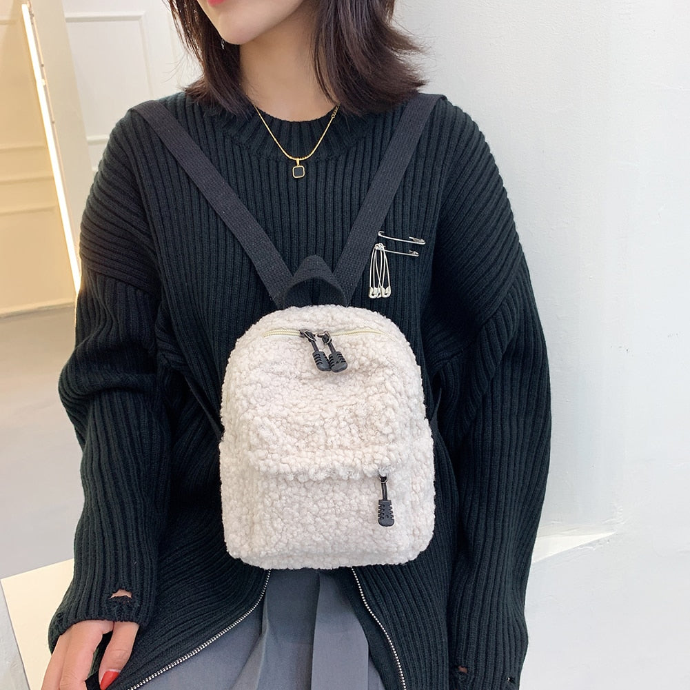 OAQQA Casual Plush Women Small Backpack Simple Solid Color Female Autumn Winter Mini Fashion Children School Bags Shoulder Handbags