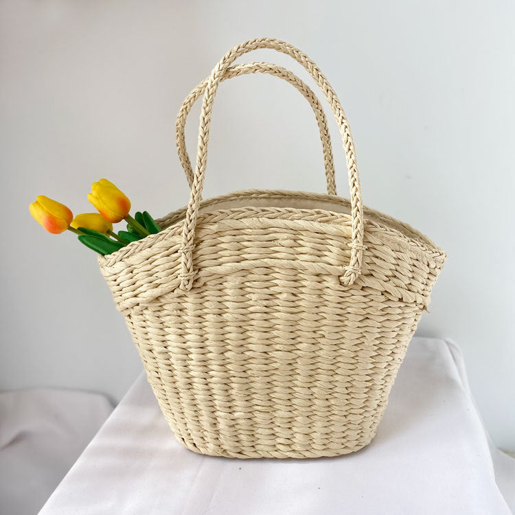 OAQQA Summer Straw Woven Bag Woven Straw Bag Portable Basket Beach Seaside Vacation Bag Rattan Bag Large Capacity Shopping Bag