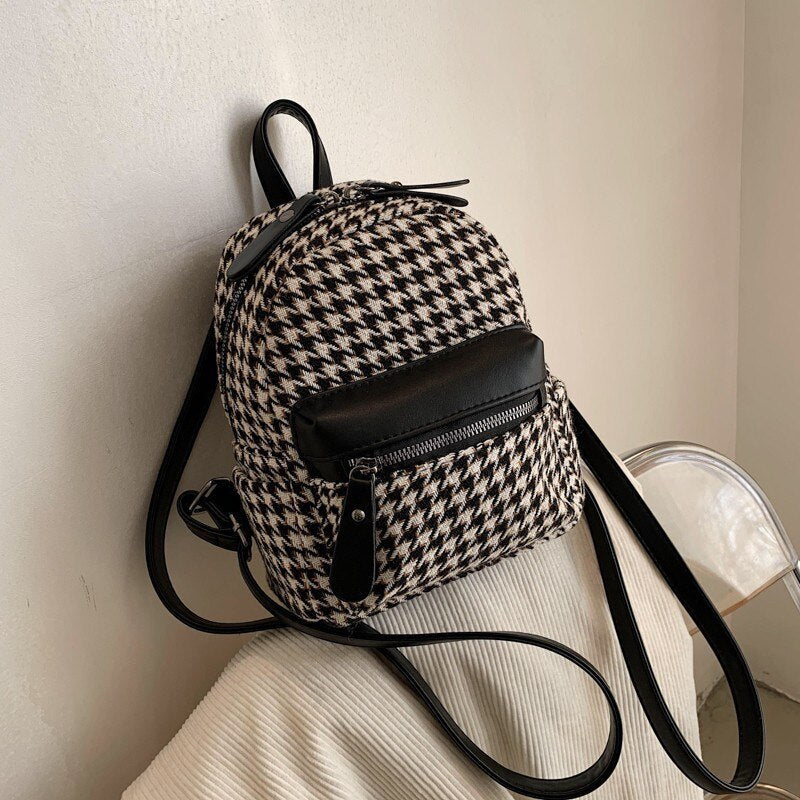 OAQQA Korea Fashion Women's Backpack Houndstooth Pattern Zipper Backpacks for Female Women PU Patchwork Backpack with Outer Pocket