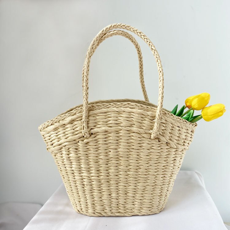 OAQQA Summer Straw Woven Bag Woven Straw Bag Portable Basket Beach Seaside Vacation Bag Rattan Bag Large Capacity Shopping Bag