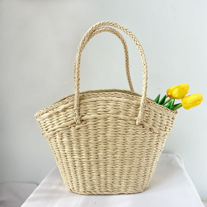 OAQQA Summer Straw Woven Bag Woven Straw Bag Portable Basket Beach Seaside Vacation Bag Rattan Bag Large Capacity Shopping Bag