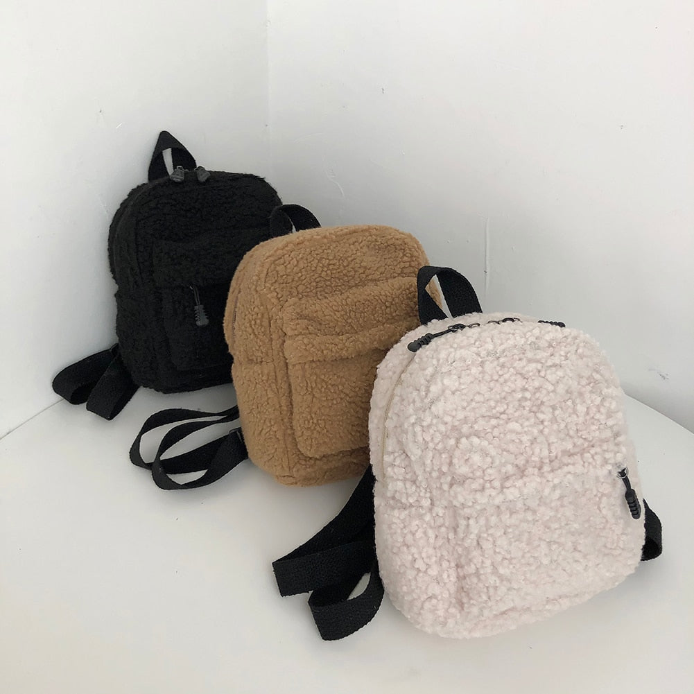 OAQQA Casual Plush Women Small Backpack Simple Solid Color Female Autumn Winter Mini Fashion Children School Bags Shoulder Handbags