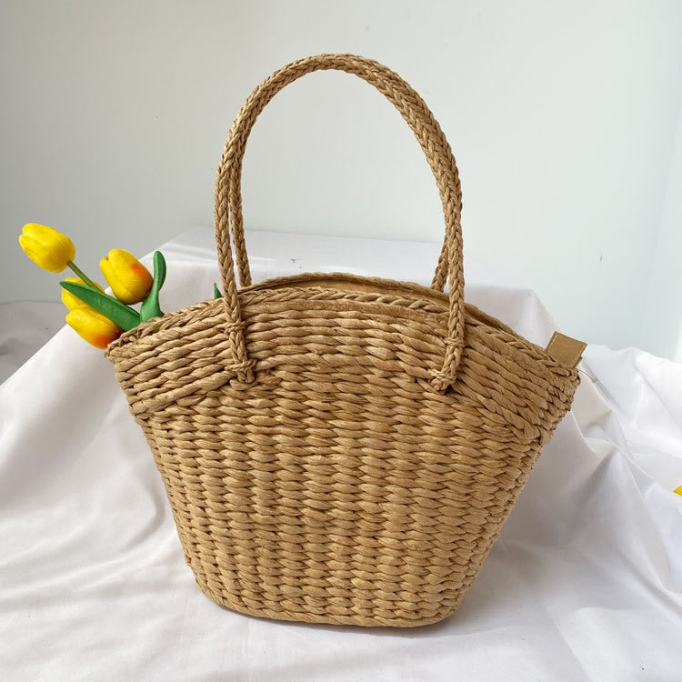 OAQQA Summer Straw Woven Bag Woven Straw Bag Portable Basket Beach Seaside Vacation Bag Rattan Bag Large Capacity Shopping Bag