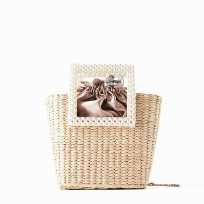 OAQQA Summer Pearl Hand-woven Straw Bag Bohemian Travel Turf Grass Woven Bag Portable Diagonal Dual-use Bag Bow Decoration Female Bag