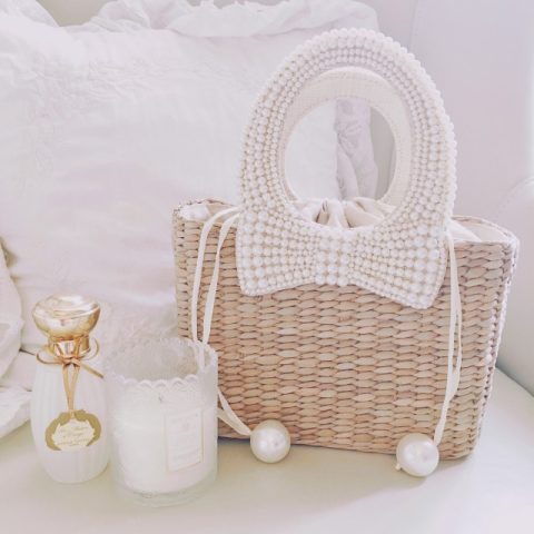 OAQQA Summer Pearl Hand-woven Straw Bag Bohemian Travel Turf Grass Woven Bag Portable Diagonal Dual-use Bag Bow Decoration Female Bag