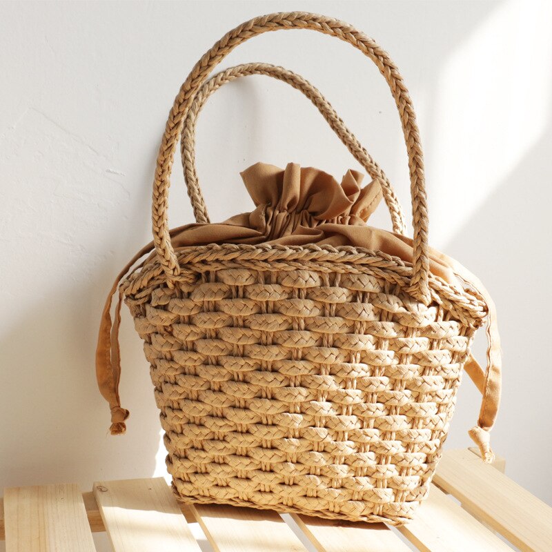 OAQQA New Women's Hand-made Straw Woven Bag Seaside Photo Beach Bag Handbag with Drawstring Bag Summer Girl's Gift Bag Shoulder Bag