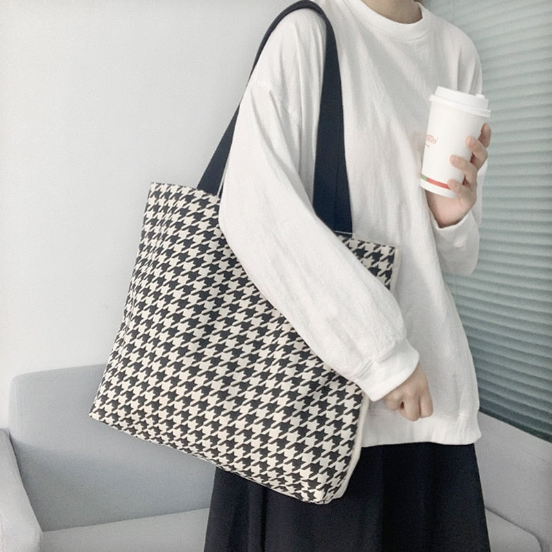 OAQQA Ins Shoulder Bag Female Vintage Houndstooth Print Canvas Underarm Bags Women Casual High Capacity Shopper Tote Bags Handbag