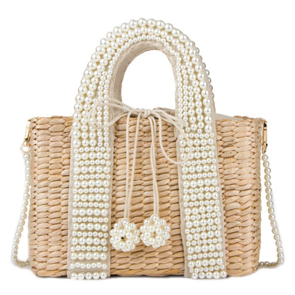 OAQQA Summer Pearl Hand-woven Straw Bag Bohemian Travel Turf Grass Woven Bag Portable Diagonal Dual-use Bag Bow Decoration Female Bag