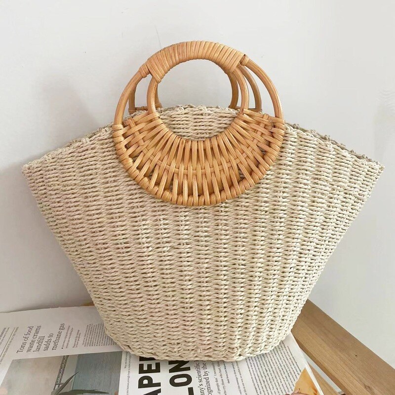 OAQQA Round Handle Straw Bag Fashion Handmade Woven Handbag Summer Vacation Beach Bag Large Capacity Tote Bag Travel Lady Straw Bolsas