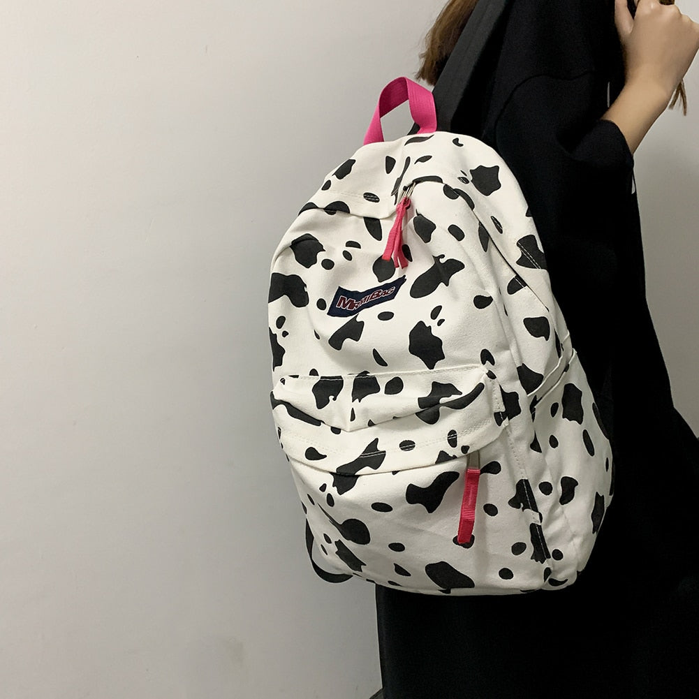 OAQQA Vintage Leopard Cow Pattern Printed Women Backpack Preppy Style Students School Bag Casual Canvas Ladies Large Capacity Knapsack