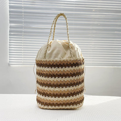 OAQQA Fashion Color Matching Striped Straw Bag Summer Leisure Seaside Beach Tote Large Capacity Handmade Woven Drawstring Shoulder Bag