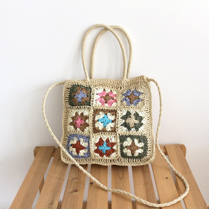 OAQQA Bohemian Style Handmade Straw Bag Designer Multicolor Flowers Splicing Braided Crochet Shoulder Bag Summer Beach Floral Tote