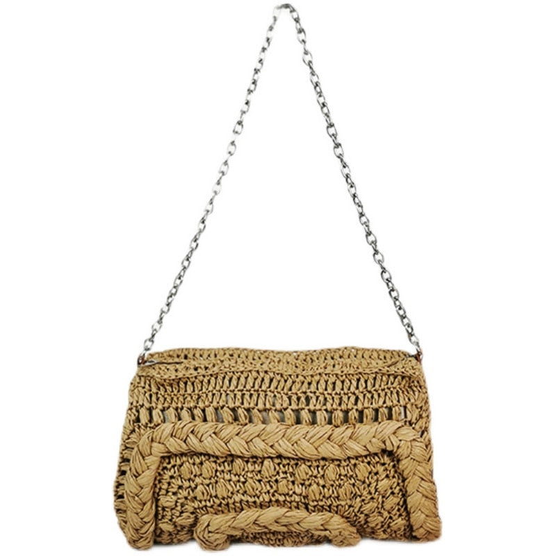 OAQQA OAQQA New Soft Woven Straw Beach Bag Handmade Women Summer Bohemian Beach Vocation Travel Envelope Bag Casual Chain Shoulder Bag