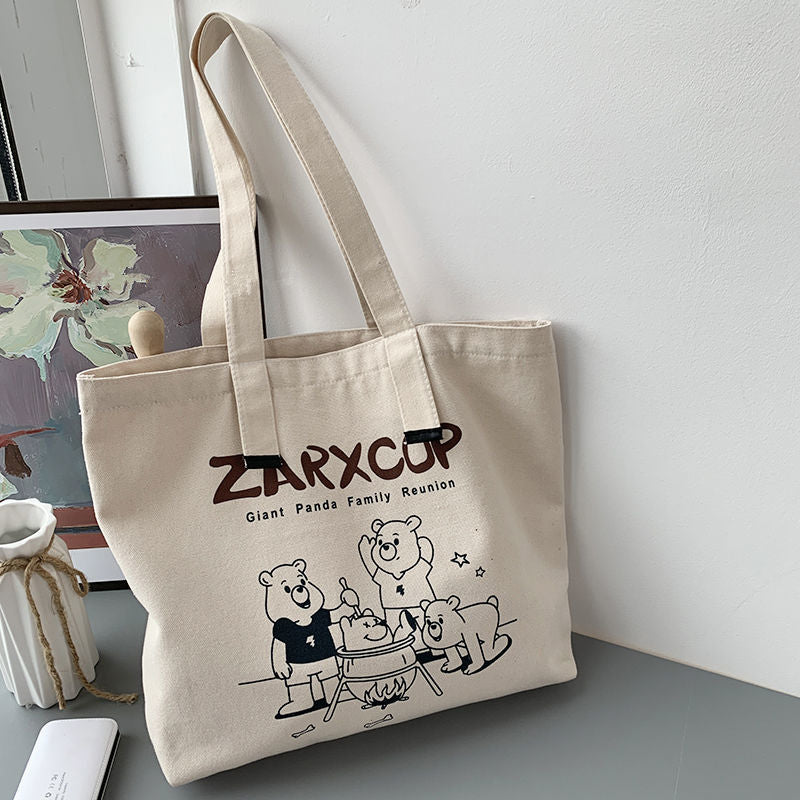 OAQQA Women Canvas Shoulder Bag Zarxcop Bear Printing Ladies Casual Handbag Tote Bag Large Capacity Cotton Reusable Shopping Beach Bag