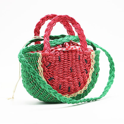 OAQQA Summer Cute Watermelon Shape Straw Bag Fashion Rattan Wicker Hand Woven Half-round Handbag Vacation Beach Travel Crossbody Bag