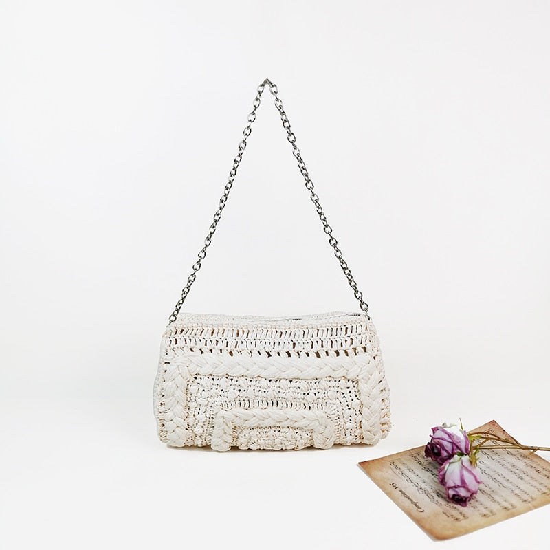 OAQQA OAQQA New Soft Woven Straw Beach Bag Handmade Women Summer Bohemian Beach Vocation Travel Envelope Bag Casual Chain Shoulder Bag