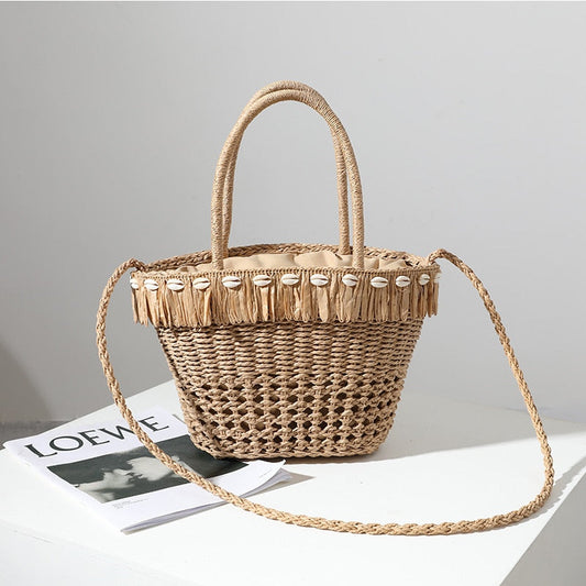 OAQQA Summer New Shell Design Ladies Straw Handbag Leisure Vacation Hollow Out Beach Bag Straw Rope Hand-woven Fringed Shoulder Bag