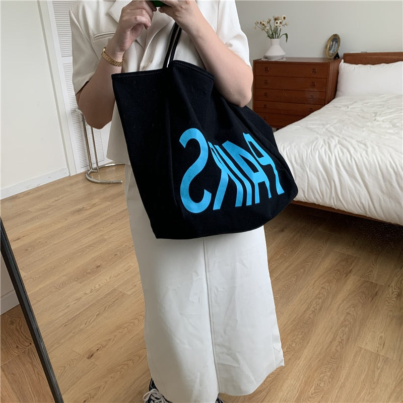 OAQQA  Women Canvas Shoulder Bag Pairs Print Causal Handbag Tote Bag Solid Color Large Capacity Cotton Reusable Shopping Beach Bag