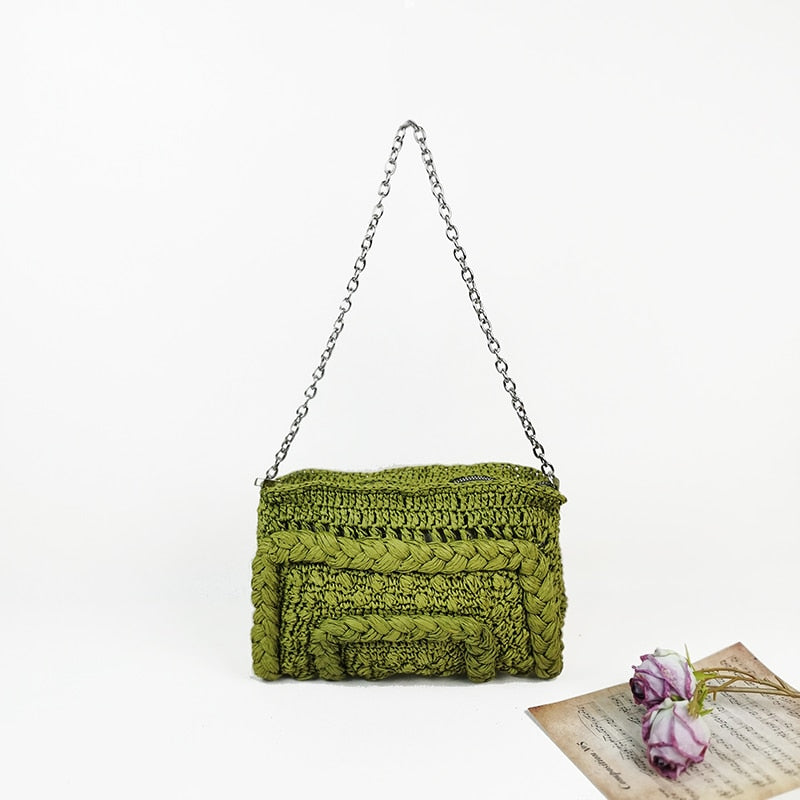 OAQQA OAQQA New Soft Woven Straw Beach Bag Handmade Women Summer Bohemian Beach Vocation Travel Envelope Bag Casual Chain Shoulder Bag