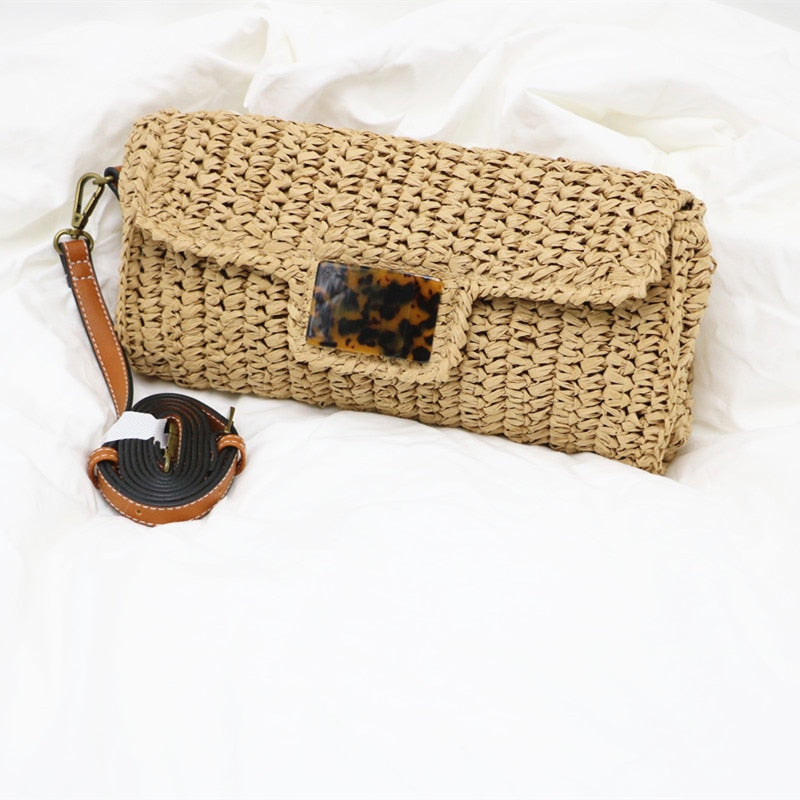 OAQQA New Fashion Ladies Straw Bag Summer Cute Retro Leopard Hand-woven Handbag Key Money Beach Holiday Long Bag Clutch