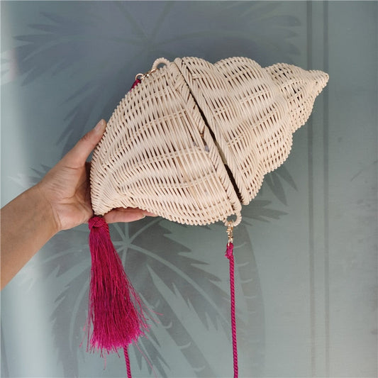 OAQQA Luxury Design Summer Rattan Conch  Straw Bag Brand Design Beach Shoulder Crossbody Bag Bohemian Vacations Female Purses Clutch