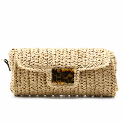 OAQQA New Fashion Ladies Straw Bag Summer Cute Retro Leopard Hand-woven Handbag Key Money Beach Holiday Long Bag Clutch