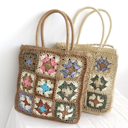 OAQQA Bohemian Style Handmade Straw Bag Designer Multicolor Flowers Splicing Braided Crochet Shoulder Bag Summer Beach Floral Tote